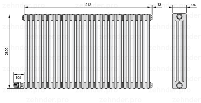 Схема (чертеж) Радиатор Zehnder Charleston 4280/27 №V004 Белый глянцевый RAL 9016